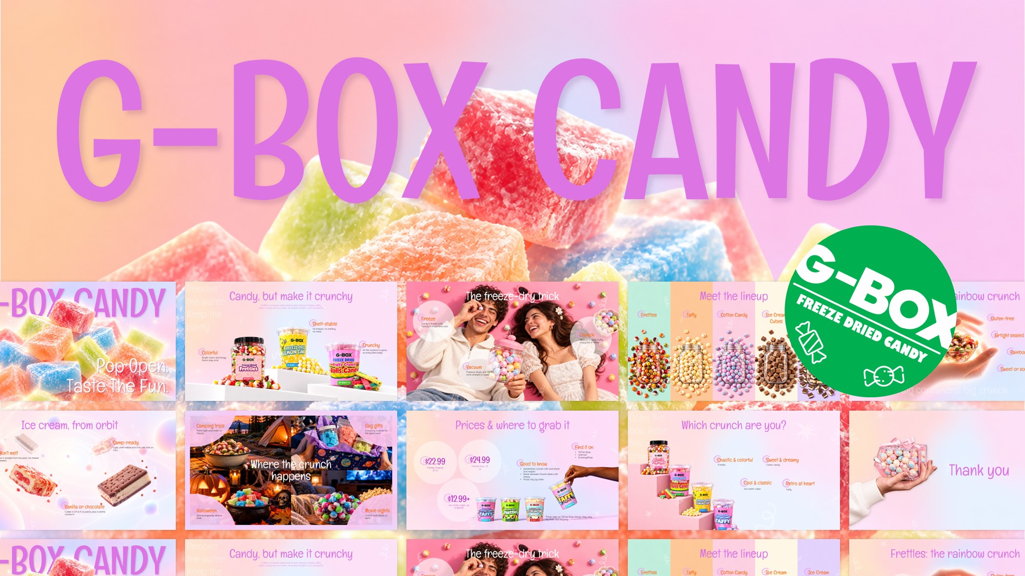 G Box Candy Template - Cover slide to launch your freeze-dried candy brand pitch deck