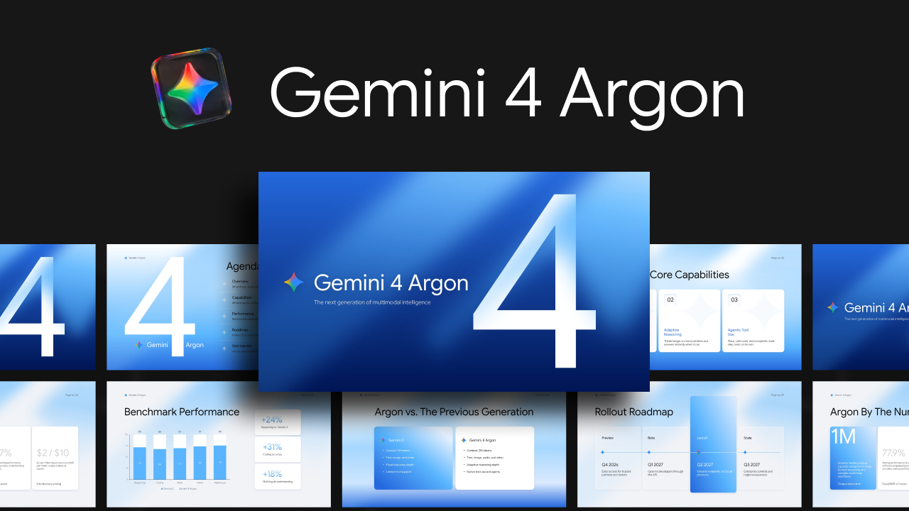 Gemini 4 Argon Template – Cover slide to launch your AI product presentation with bold branding