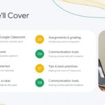 Google Classroom Education Template – overview slide combining dual photos, body text, and an emerald stat card with 130M+ users