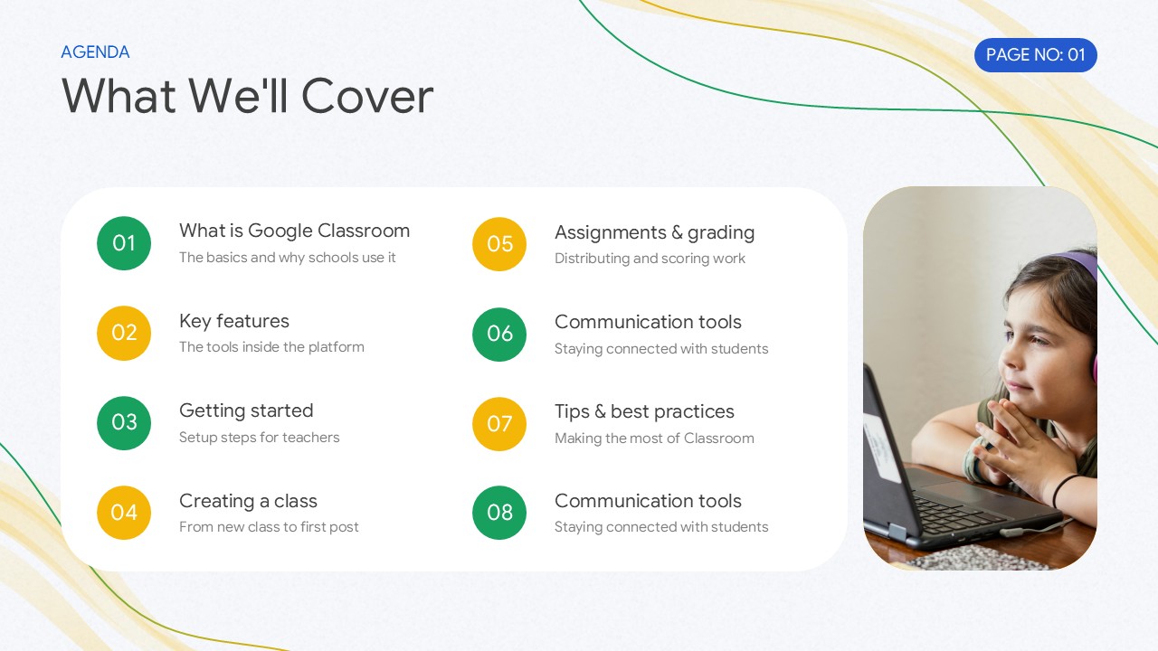 Google Classroom Education Template – overview slide combining dual photos, body text, and an emerald stat card with 130M+ users