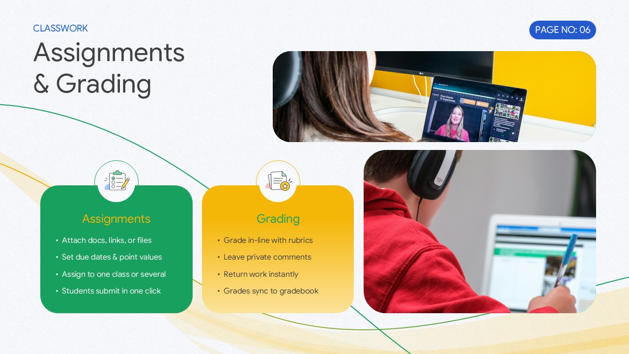 Google Classroom Education Template – communication tools slide with four icon-text features and an emerald green quote callout card