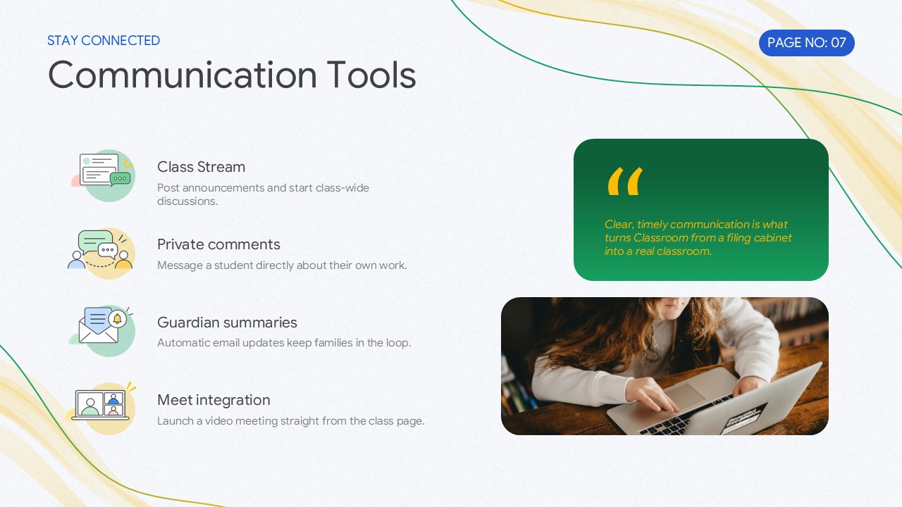 Google Classroom Education Template – tips and best practices slide with 2×2 icon grid and portrait student photo on the left