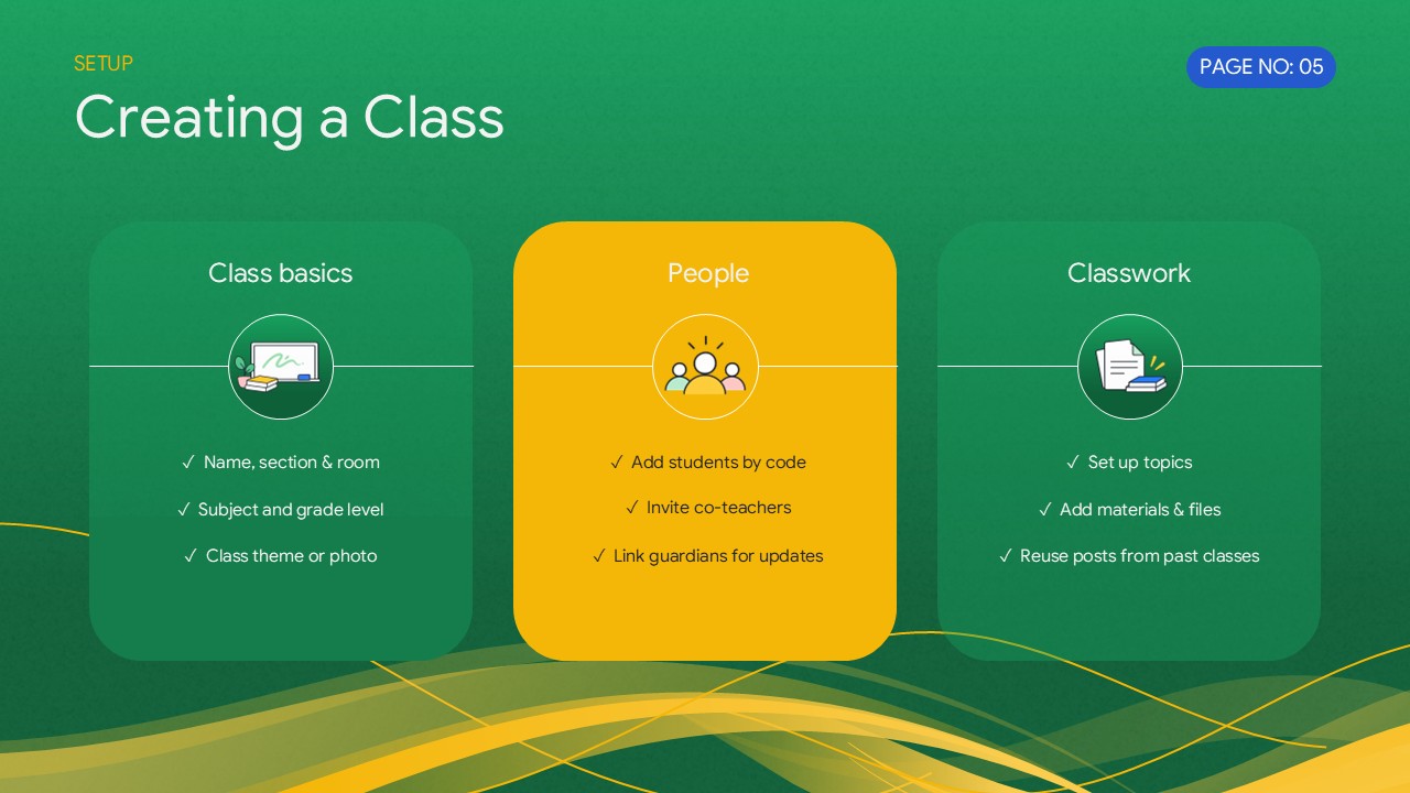 Google Classroom Education Template – assignments and grading slide with contrasting green and gold cards and student photography
