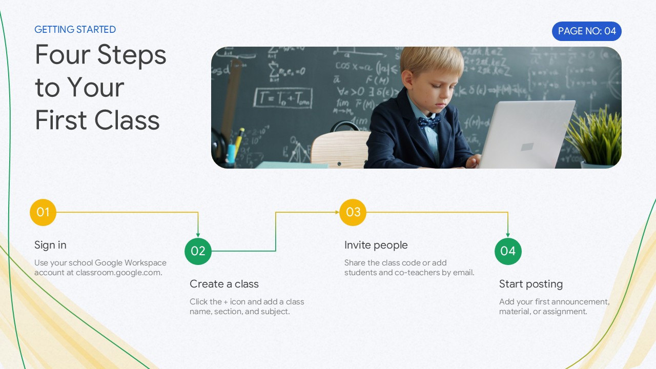 Google Classroom Education Template – three-column class setup cards on rich green background with featured gold center card