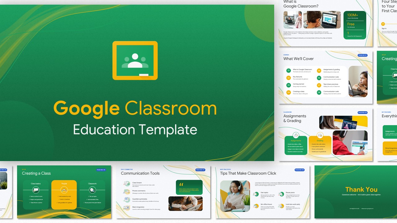 Google Classroom Education Template – emerald green cover slide with bold gold title and Google Classroom icon branding