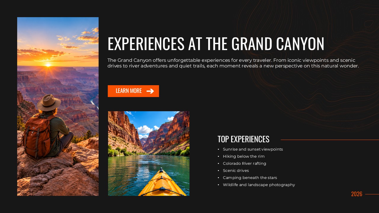 Grand Canyon Experiences - activities slide with hiker photo and bullet list