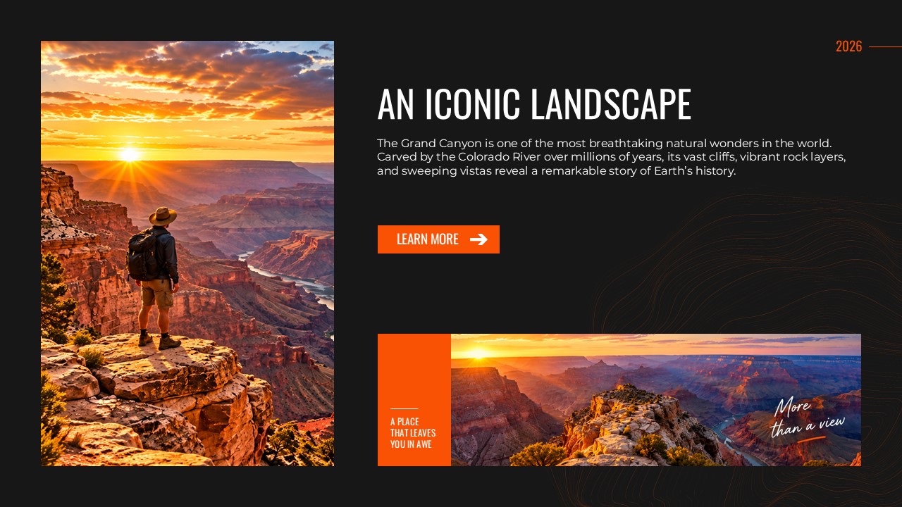 Grand Canyon Iconic Landscape - intro slide with hiker photo and overview text