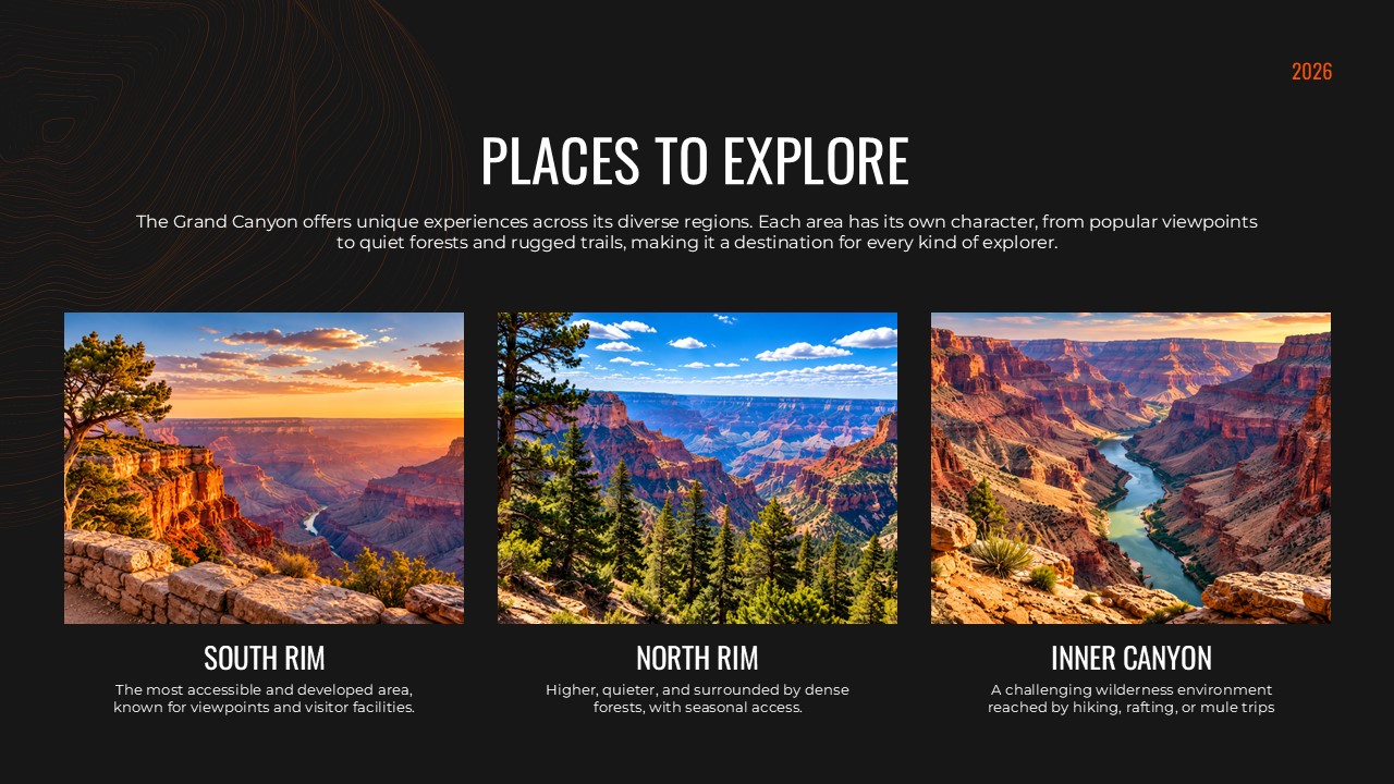 Grand Canyon Places to Explore - three-column location card grid slide