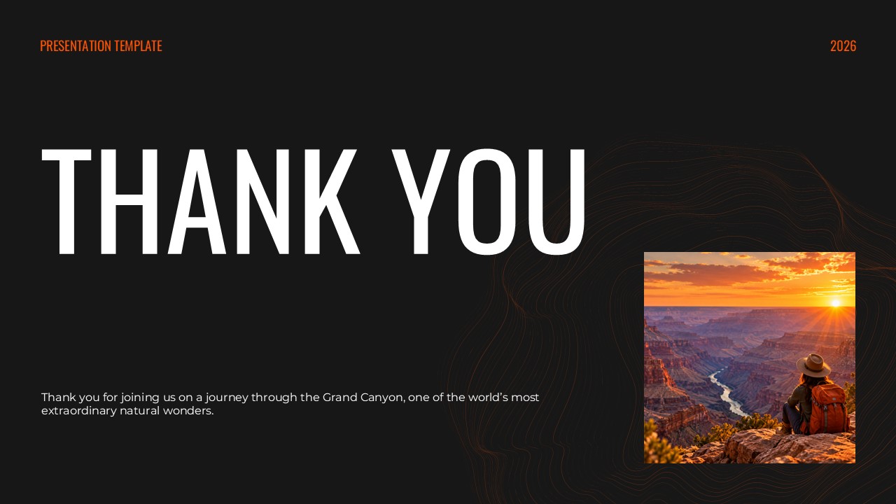 Grand Canyon Thank You Slide - bold closing text with sunset hiker photo