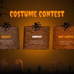 Happy Halloween Costume Contest Slide - 3-column wooden board cards each topped with a spider illustration
