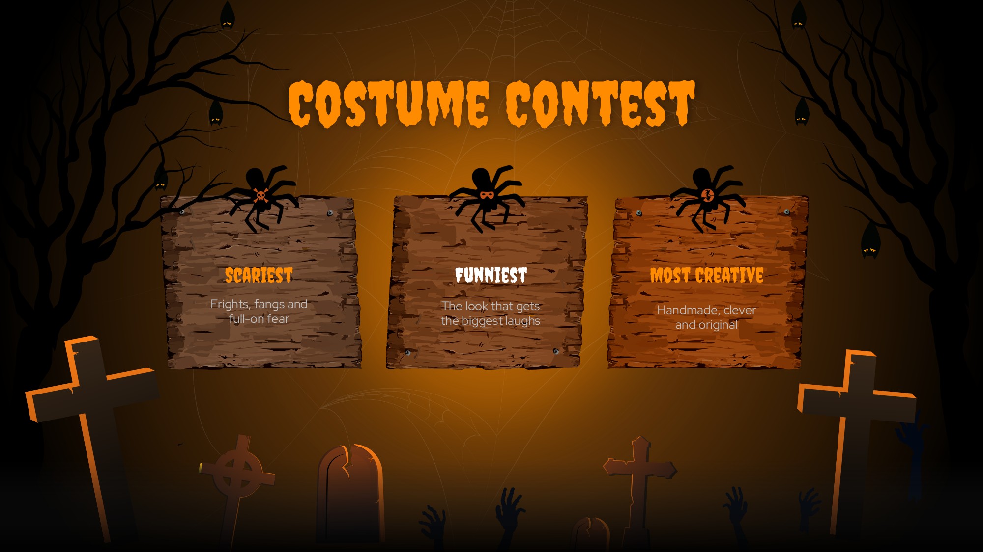 Happy Halloween Costume Contest Slide - 3-column wooden board cards each topped with a spider illustration
