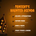 Happy Halloween Agenda Slide - 4-item vertical spider-web bullet list beside haunted mansion illustration