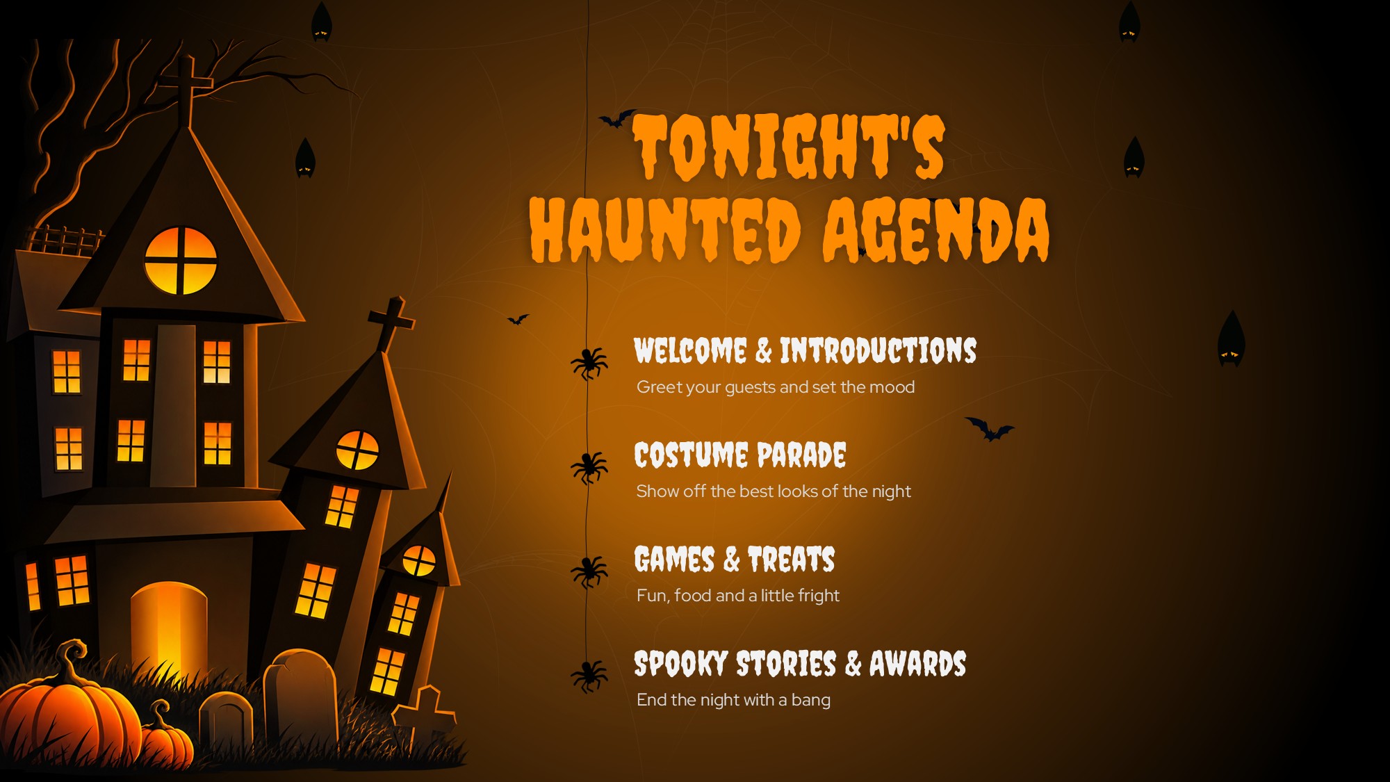 Happy Halloween Agenda Slide - 4-item vertical spider-web bullet list beside haunted mansion illustration