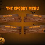 Happy Halloween Menu Slide - 2x2 grid of rustic wooden board cards listing four Halloween food items