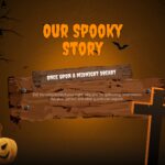 Happy Halloween Story Slide - centered wooden sign content block with jack-o'-lanterns and graveyard cross