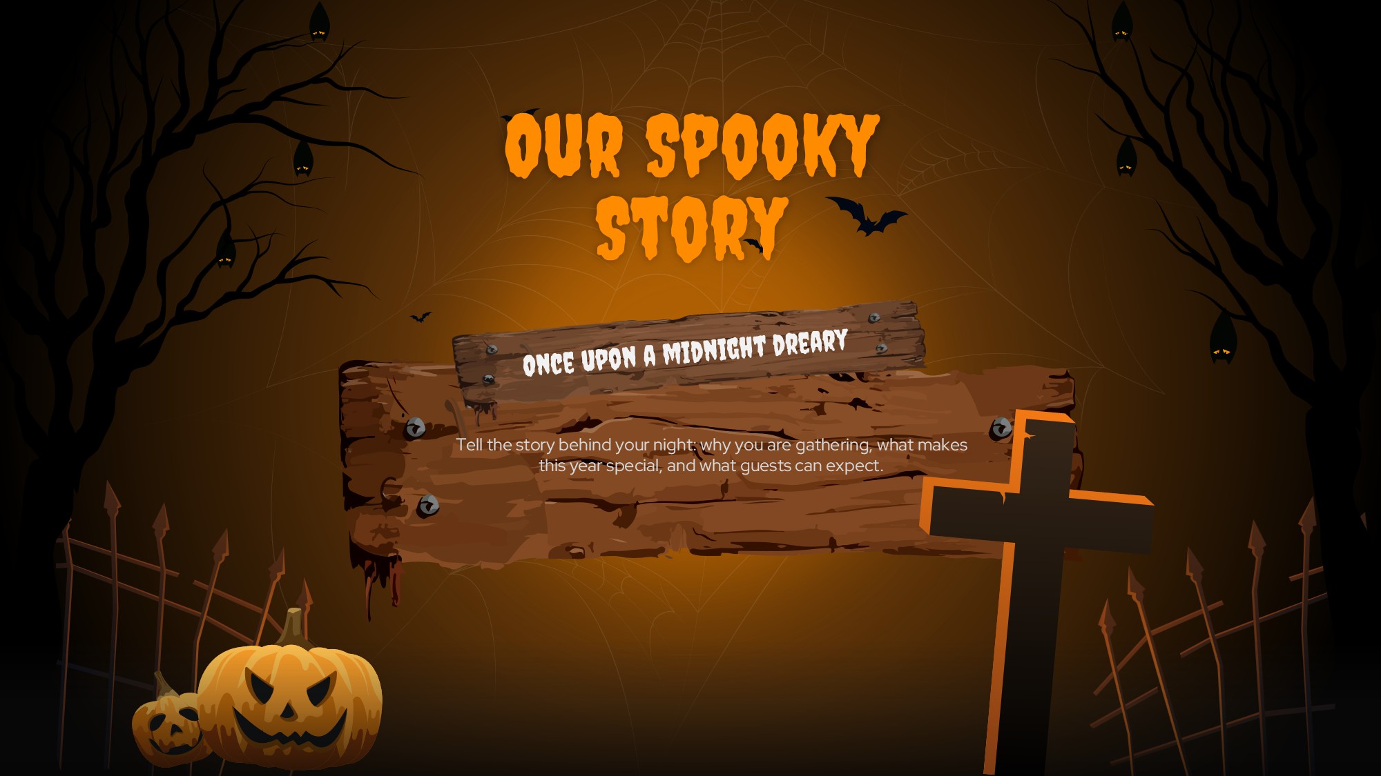 Happy Halloween Story Slide - centered wooden sign content block with jack-o'-lanterns and graveyard cross