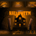 Happy Halloween Template - cover slide with haunted house, grave markers, and dripping orange title text