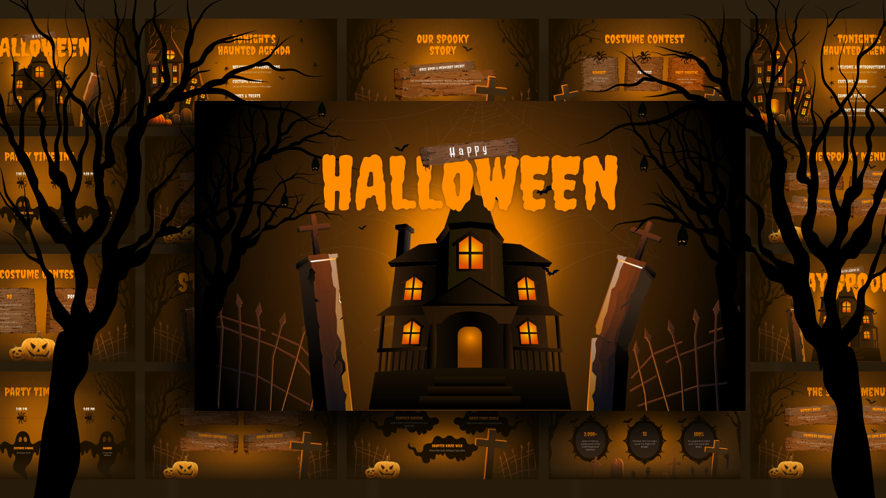 Happy Halloween Template - cover slide with haunted house, grave markers, and dripping orange title text