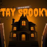Happy Halloween Thank You Slide - closing slide mirroring cover with haunted house and 'Stay Spooky!' headline