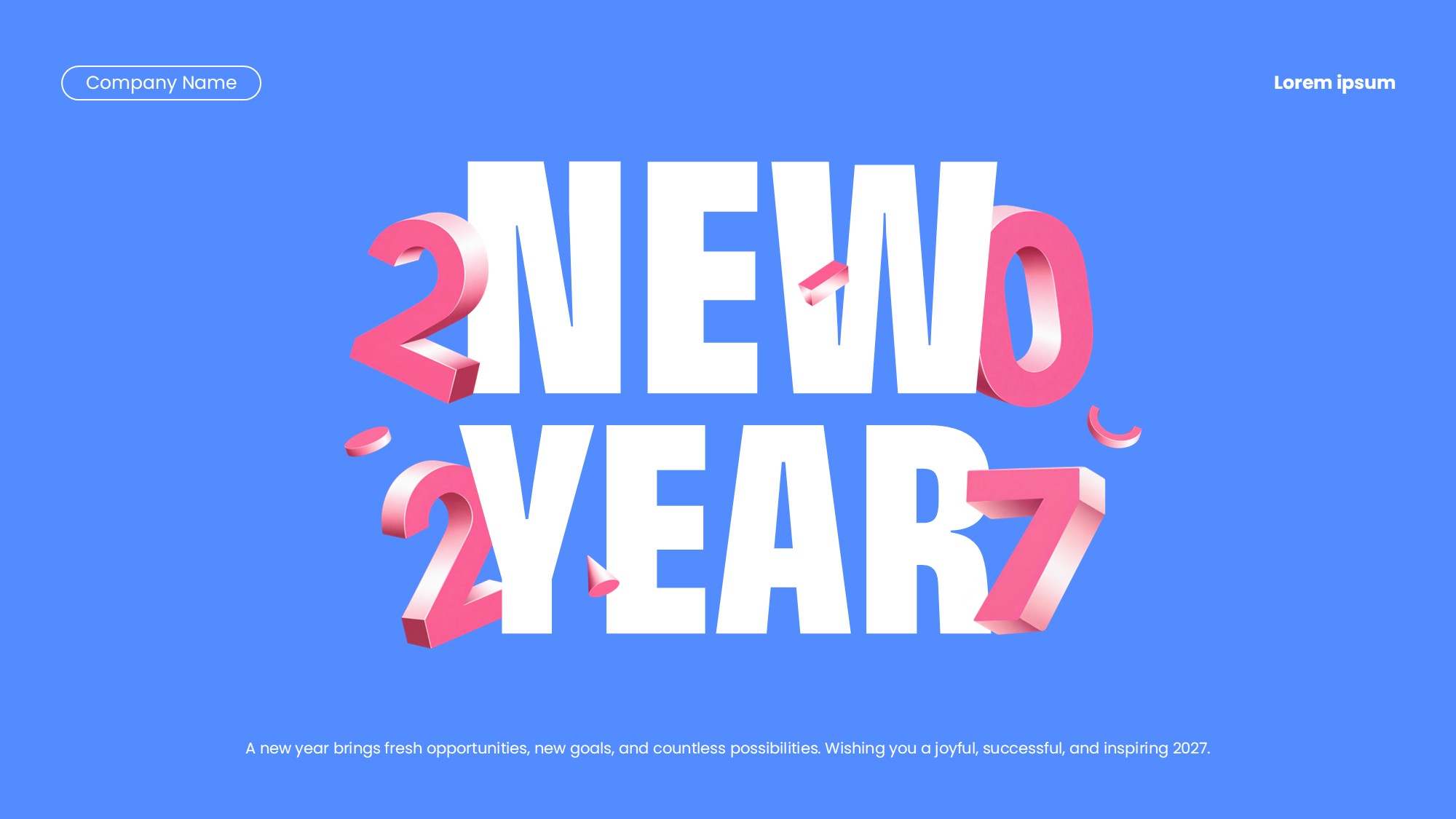 Happy New Year 2027 Google Slides Template - Blue celebration slide with 3D pink numerals and confetti accents