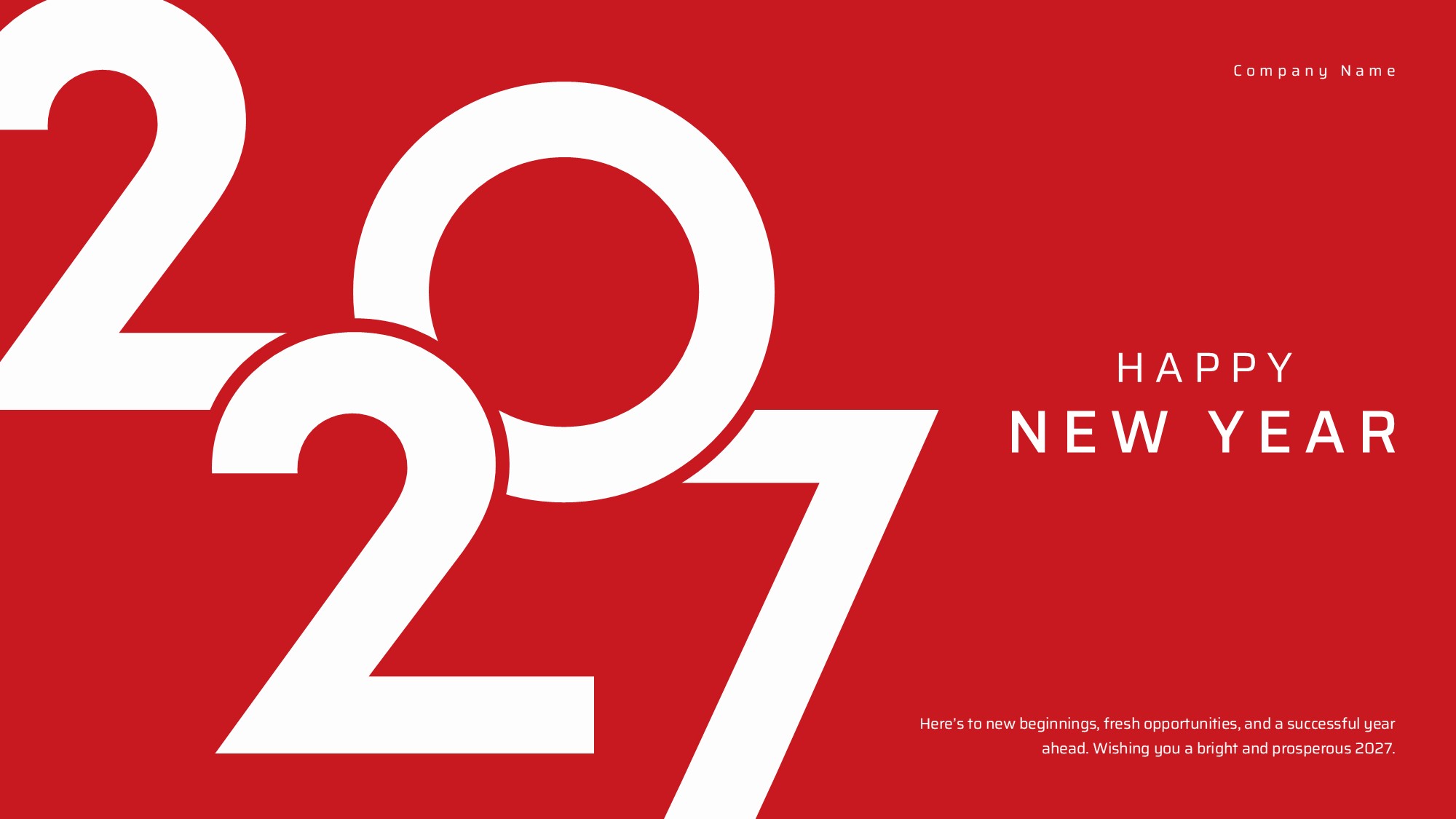 Happy New Year 2027 Template - Bold red cover slide with oversized white numerals and corporate greeting text