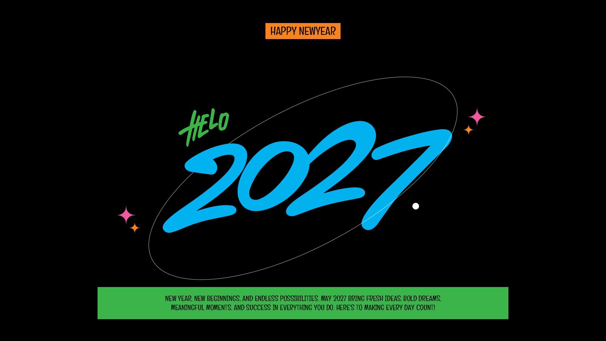 Happy New Year 2027 Google Slides PowerPoint Template - bold retro-futuristic design with cyan 2027
