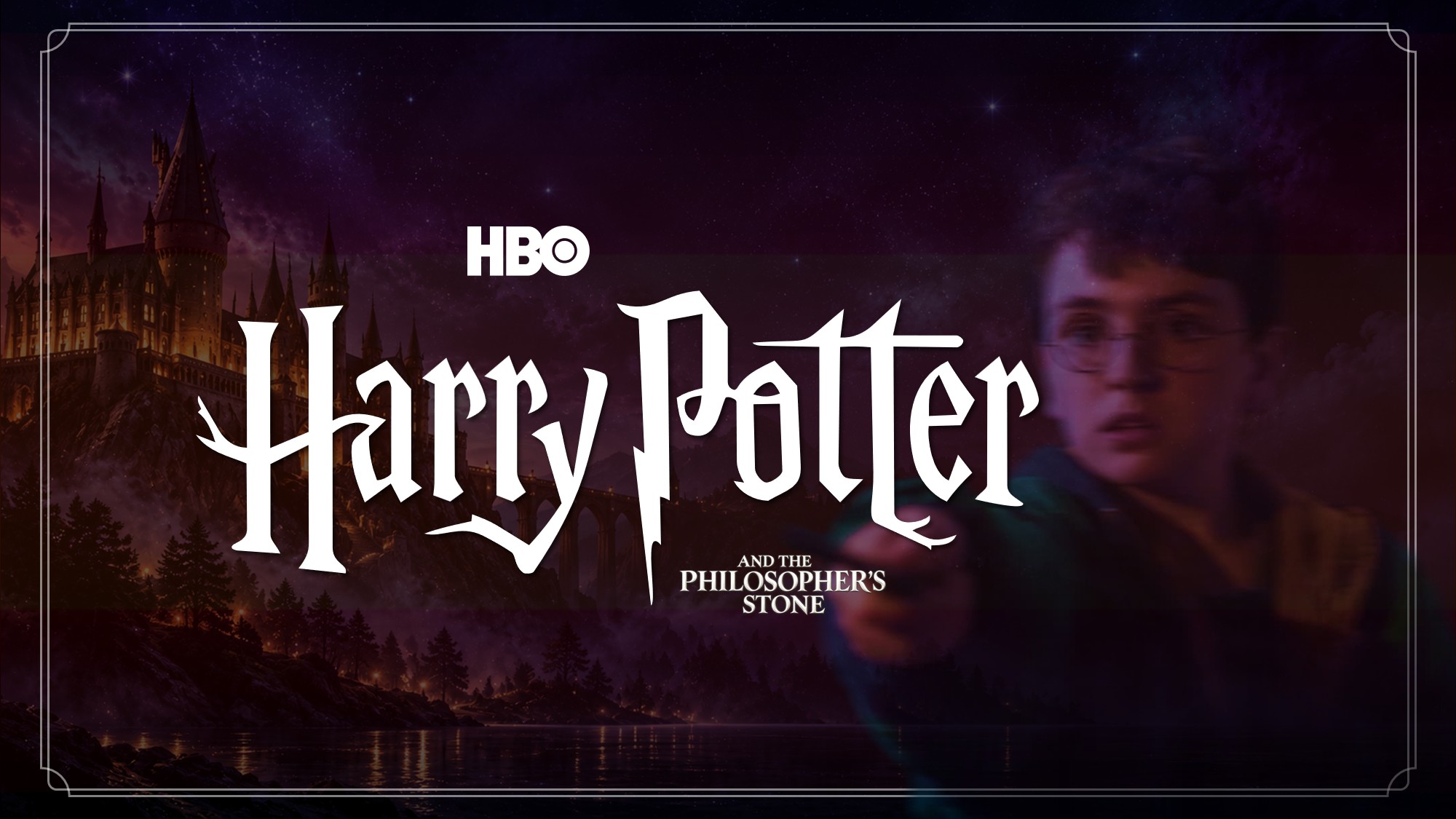 Harry Potter PowerPoint Template - agenda slide with 5 numbered sections and Hogwarts corridor image on dark purple background
