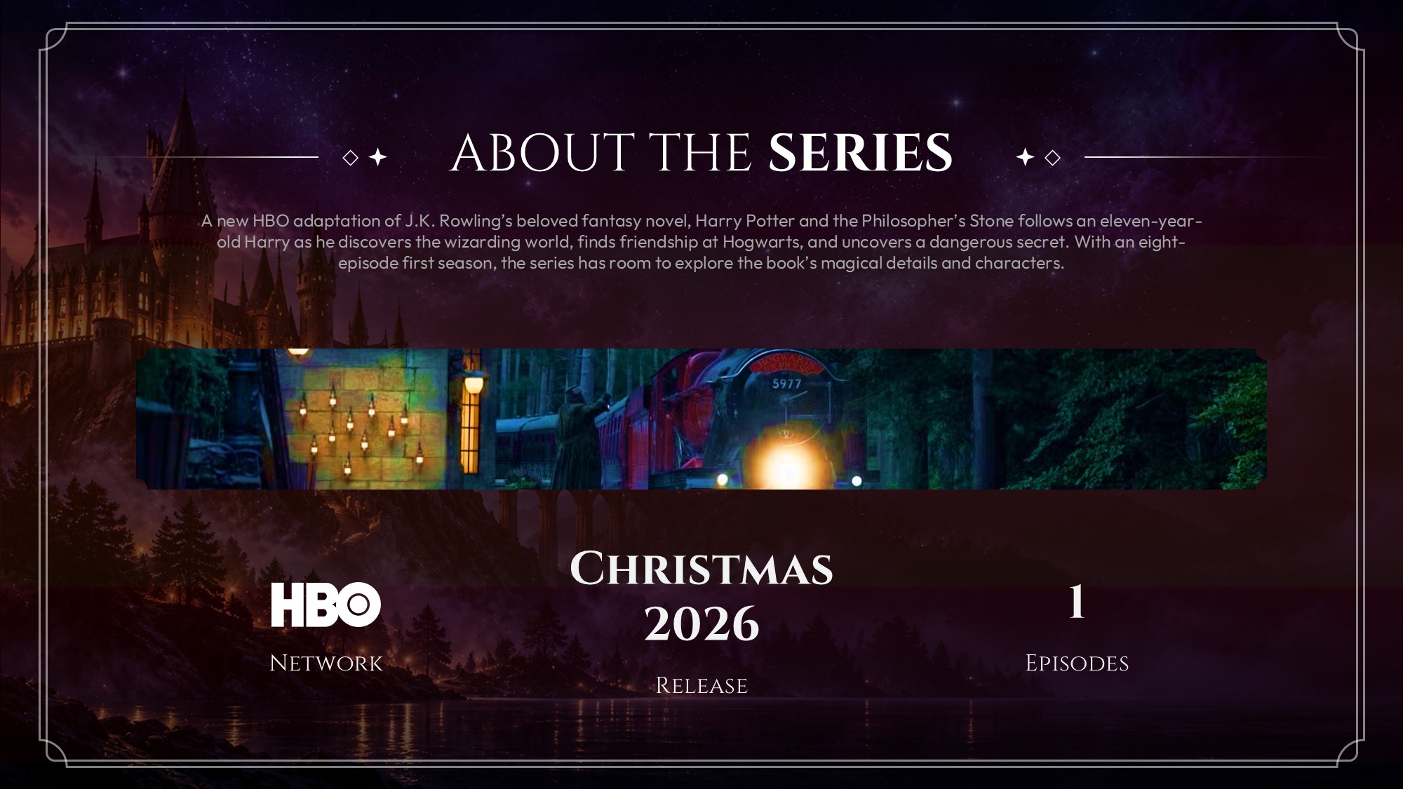 Harry Potter Story Synopsis Template - three-column slide covering Discovery, Hogwarts, and The Stone with a Great Hall center image