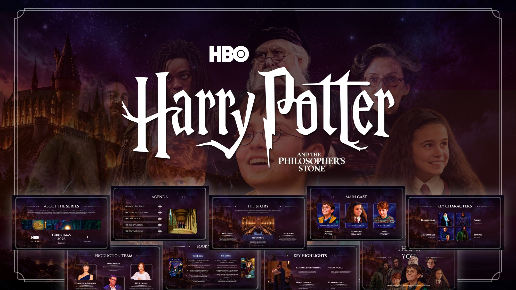 Harry Potter and the Philosopher's Stone Template - cinematic cover slide with Hogwarts castle, title text, and HBO logo