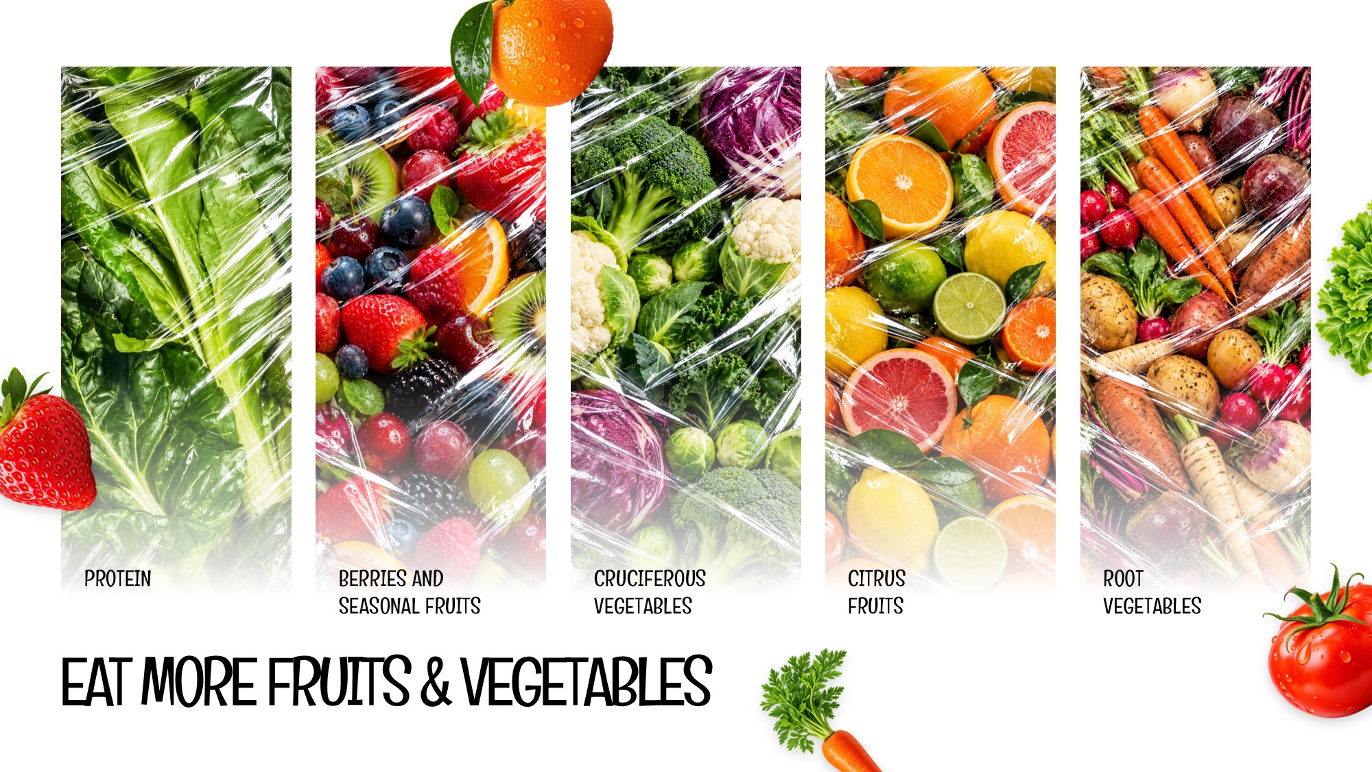 Healthy Eating Fruits and Vegetables Slide - five vertical photo panels with cellophane texture and bold category labels