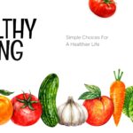 Healthy Eating Google Slides Template - bold title cover slide with watercolor vegetable footer and corner food accents