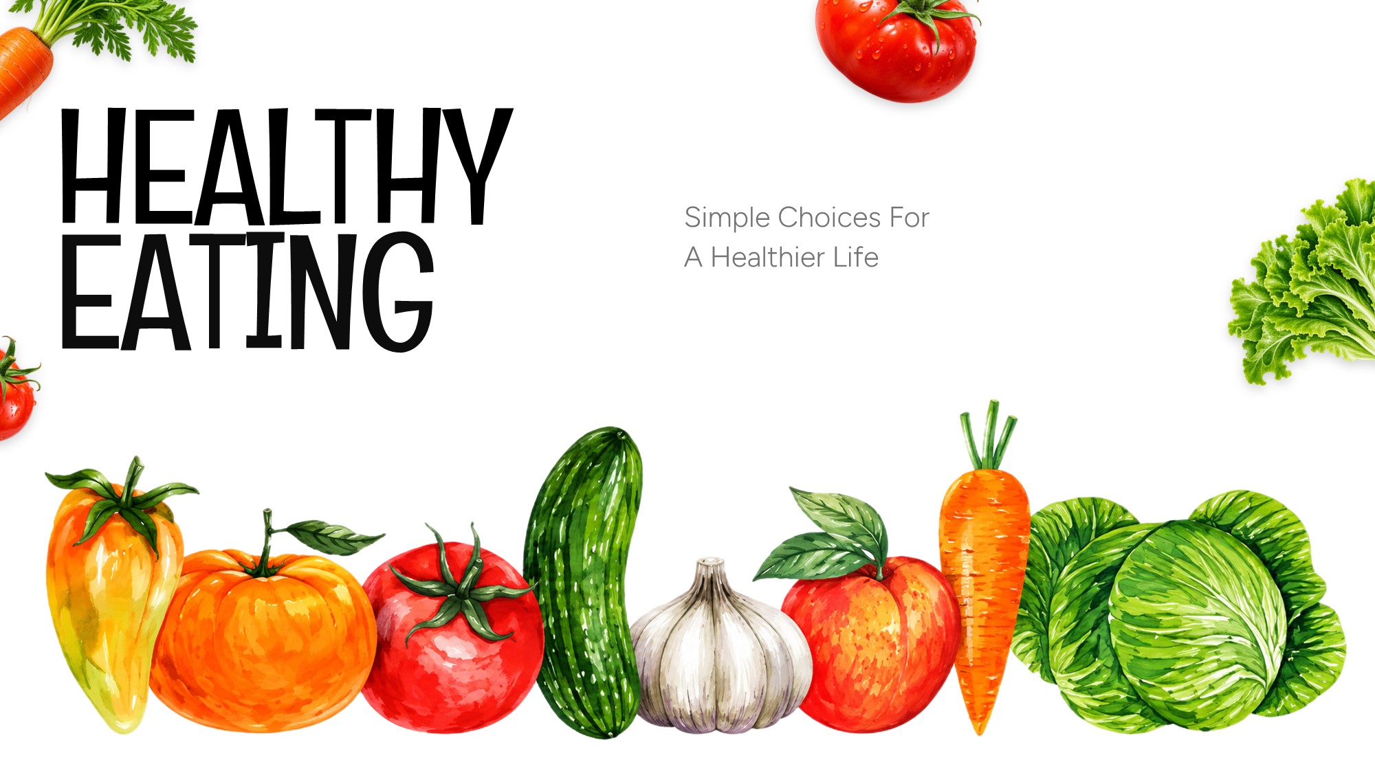 Healthy Eating Google Slides Template - bold title cover slide with watercolor vegetable footer and corner food accents