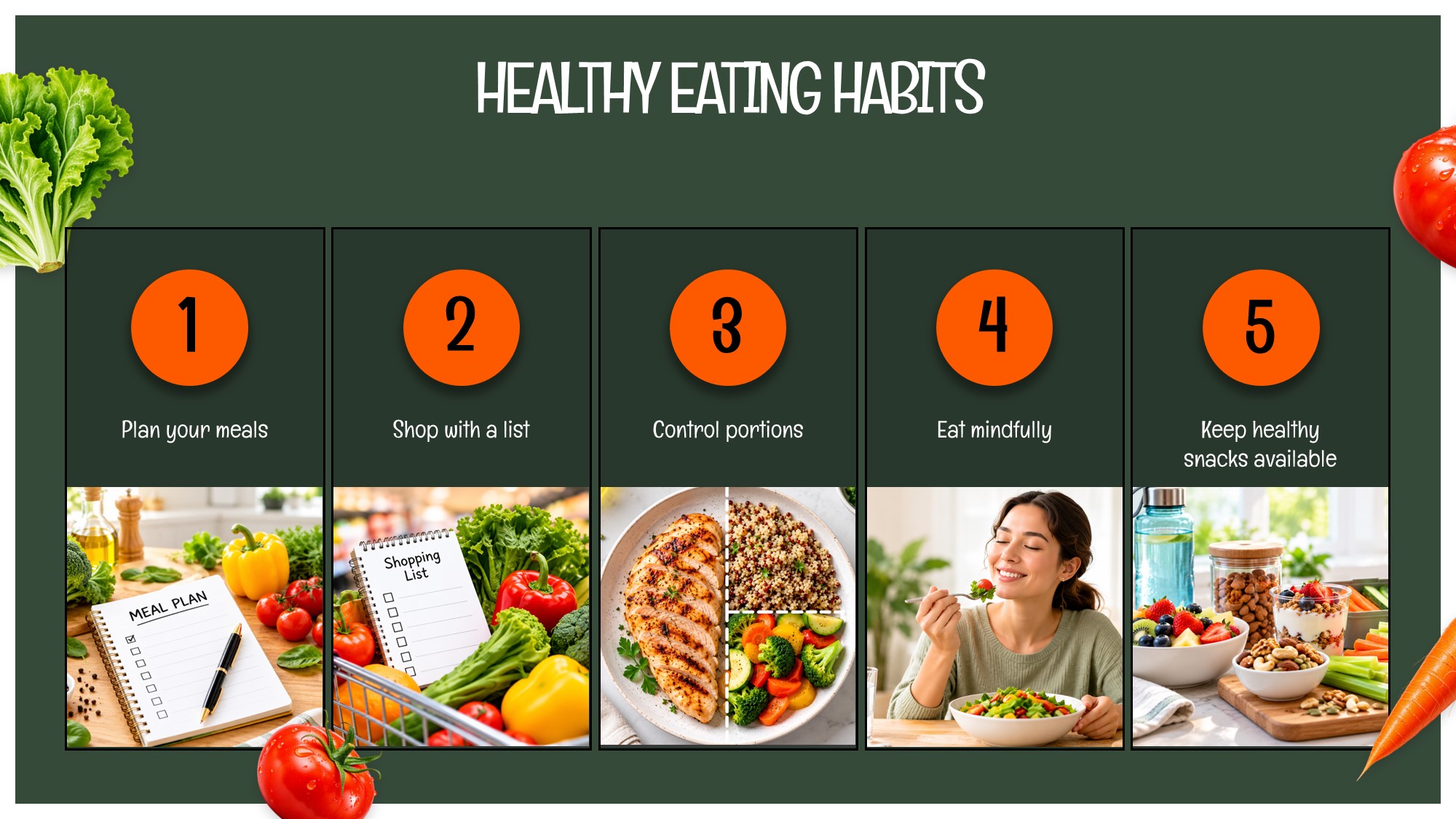 Healthy Eating Habits Steps Slide - five numbered orange-circle panels on forest green showing actionable eating habits