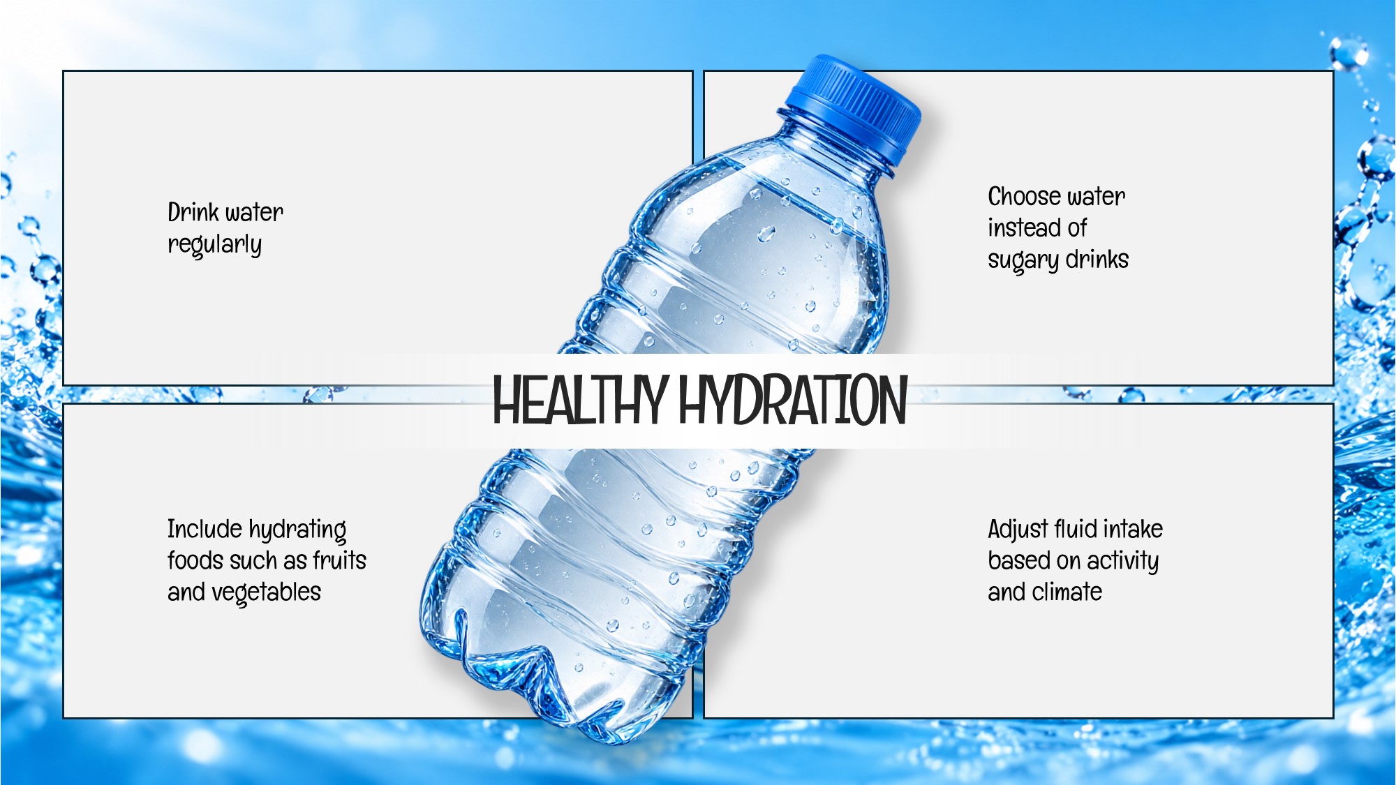 Healthy Eating Hydration Slide - four-quadrant water-themed layout with a central bottle image and hydration tips