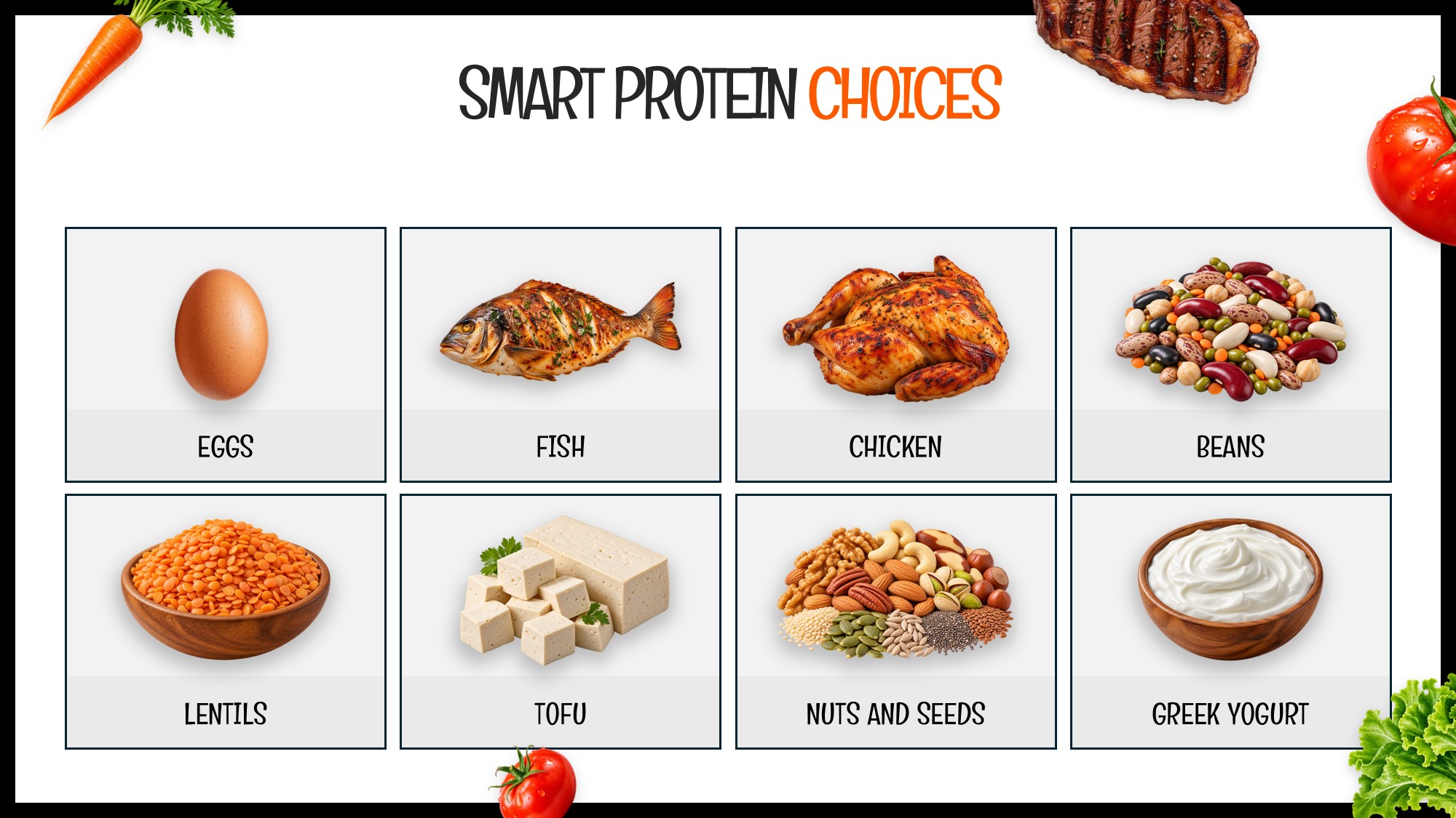 Healthy Eating Smart Protein Choices Slide - eight food photo cards in a 2x4 grid highlighting diverse protein sources