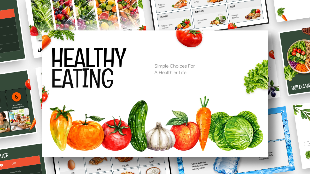 Healthy Eating Template - 11-slide deck preview with green and white slides adorned with watercolor vegetable illustrations