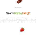 Healthy Eating Definition Slide - tricolor headline above five pill-shaped concept bubbles on a white background