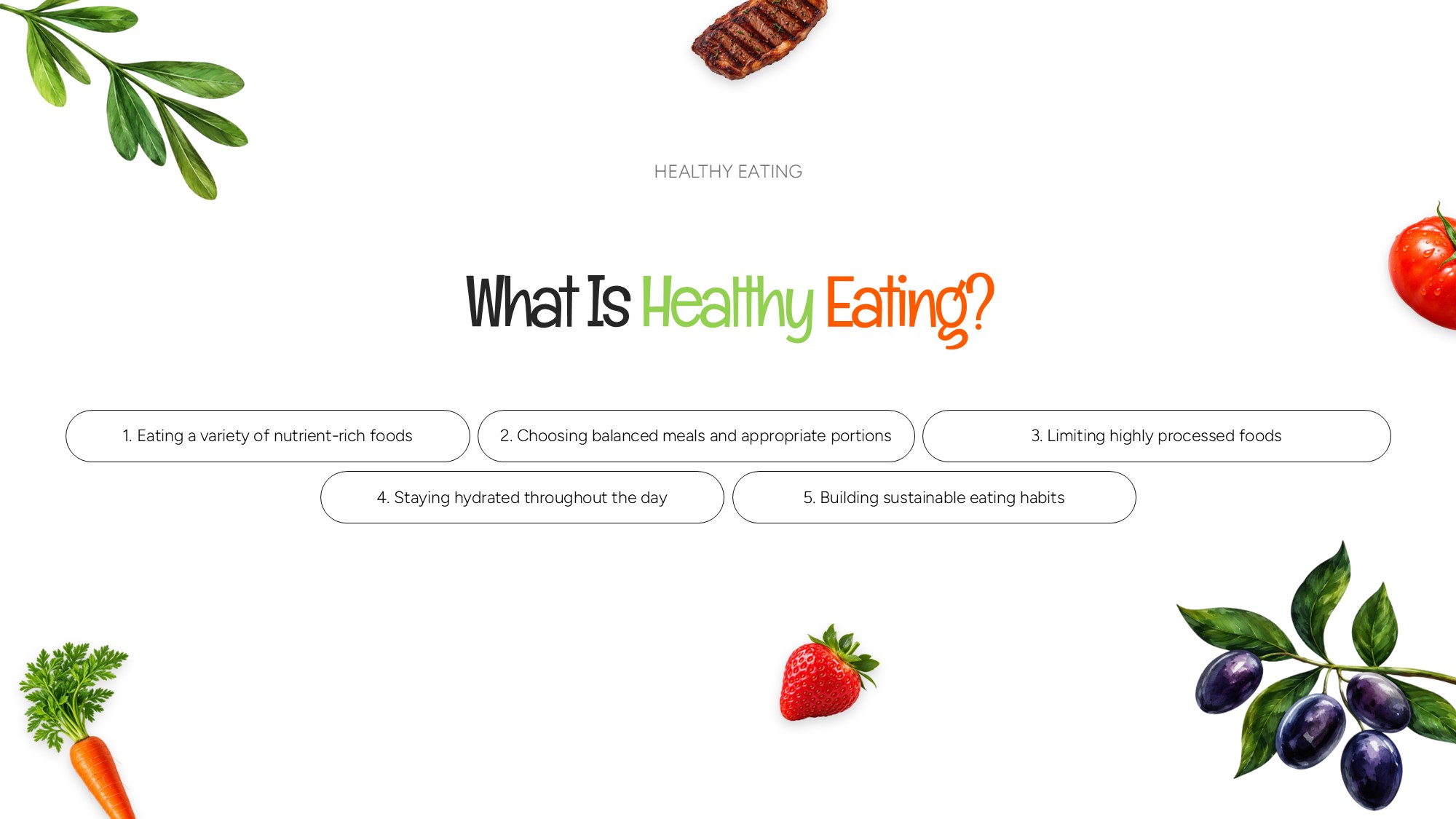 Healthy Eating Definition Slide - tricolor headline above five pill-shaped concept bubbles on a white background