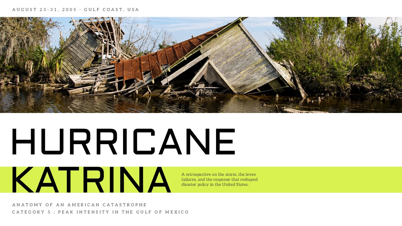 Hurricane Katrina Template - Timeline and stats slide to present storm chronology and key meteorological data