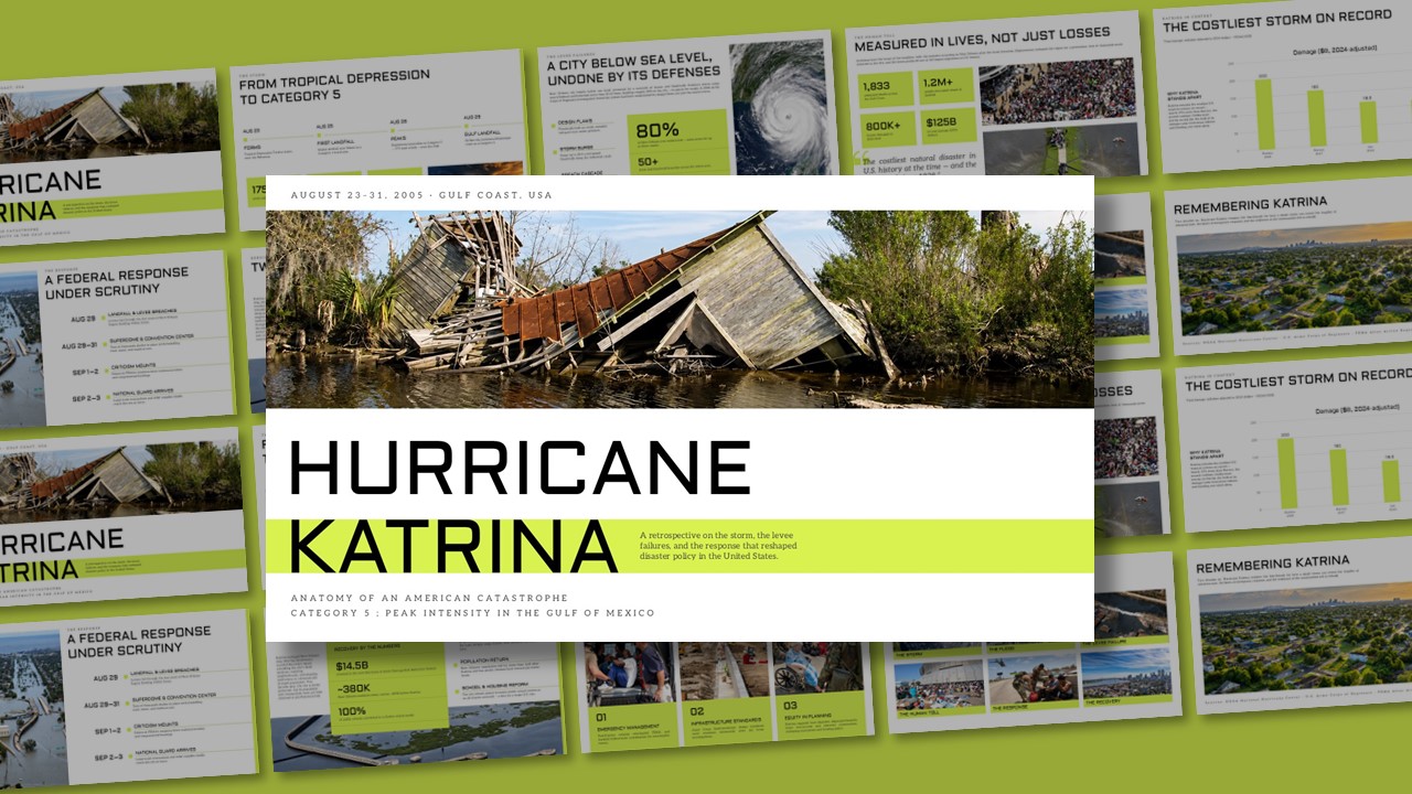 Hurricane Katrina Template - Cover slide to open a documentary-style disaster retrospective presentation