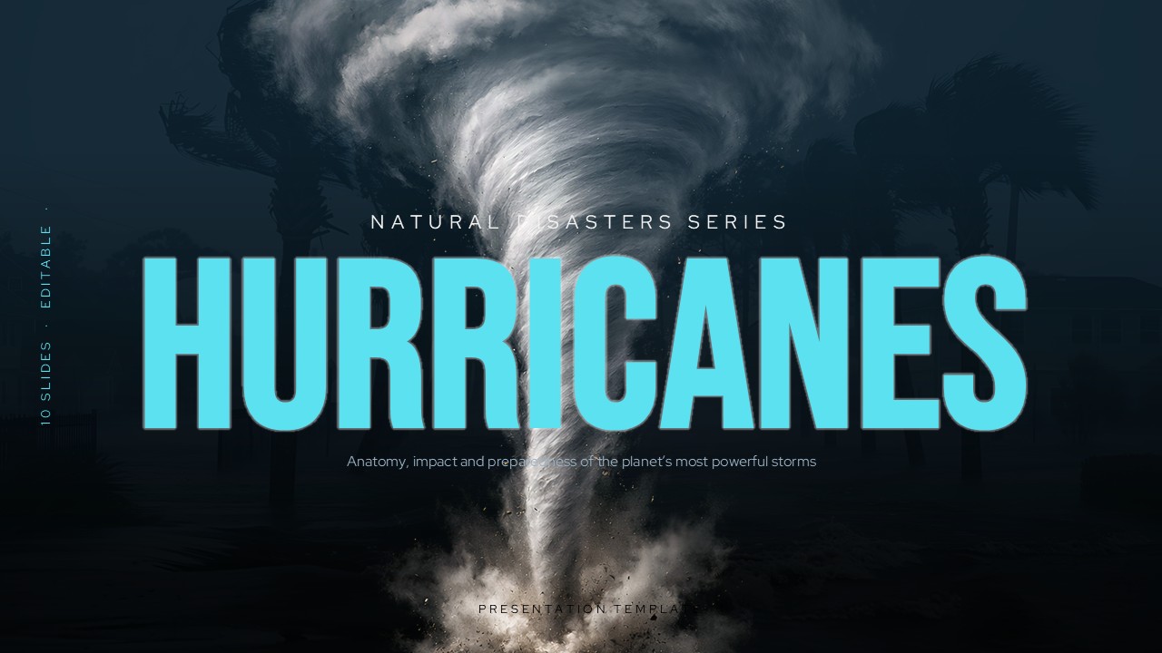 Hurricanes Template - three-column card layout defining hurricanes with warm oceans, rotating winds, and heavy rain