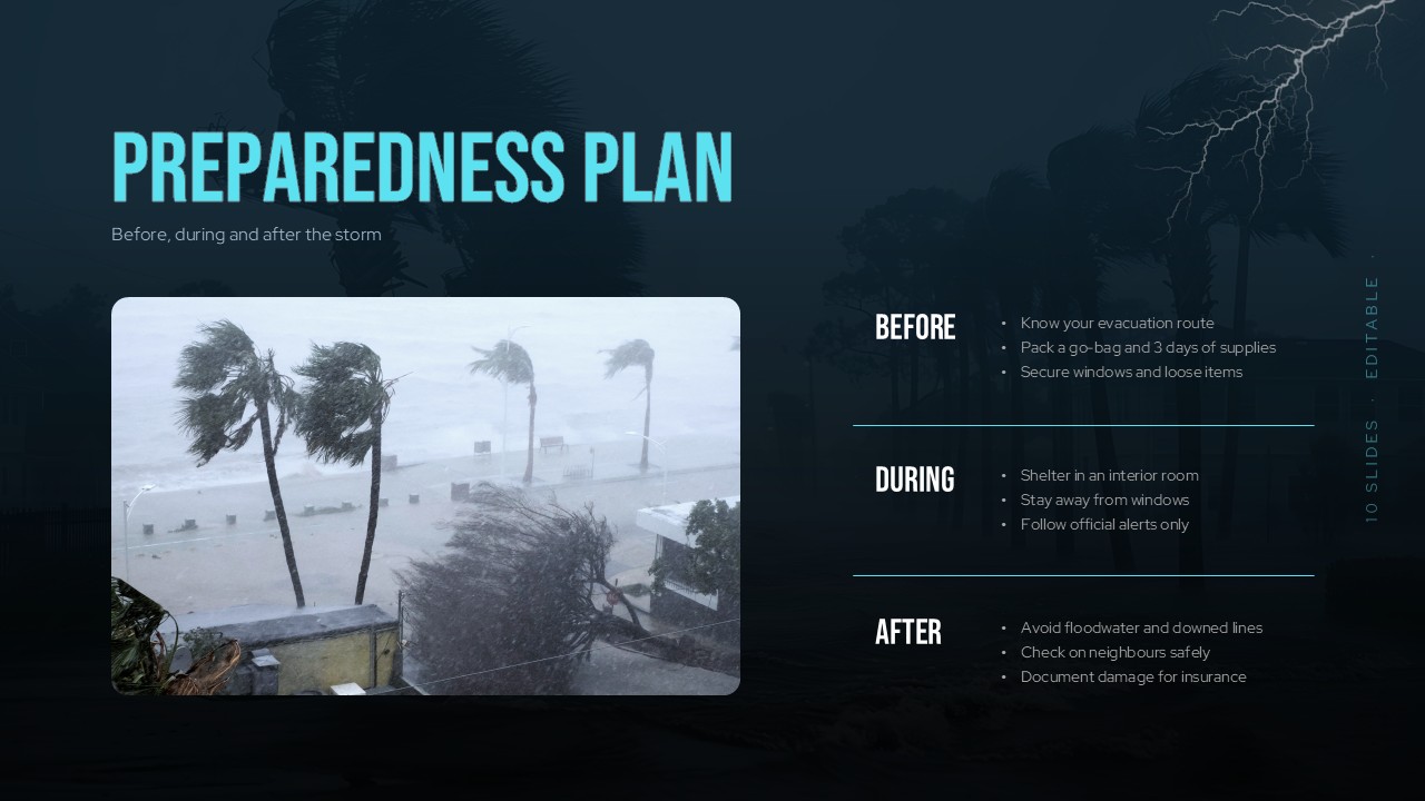 Hurricanes Template - before, during, and after hurricane preparedness checklist beside a coastal storm photograph