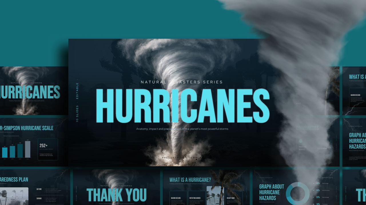 Hurricanes Template - cinematic cover slide with tornado photo, cyan headline, and tagline on dark navy background