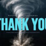 Hurricanes Template - closing thank you slide with tornado photo, cyan 'THANK YOU' headline mirroring the cover design