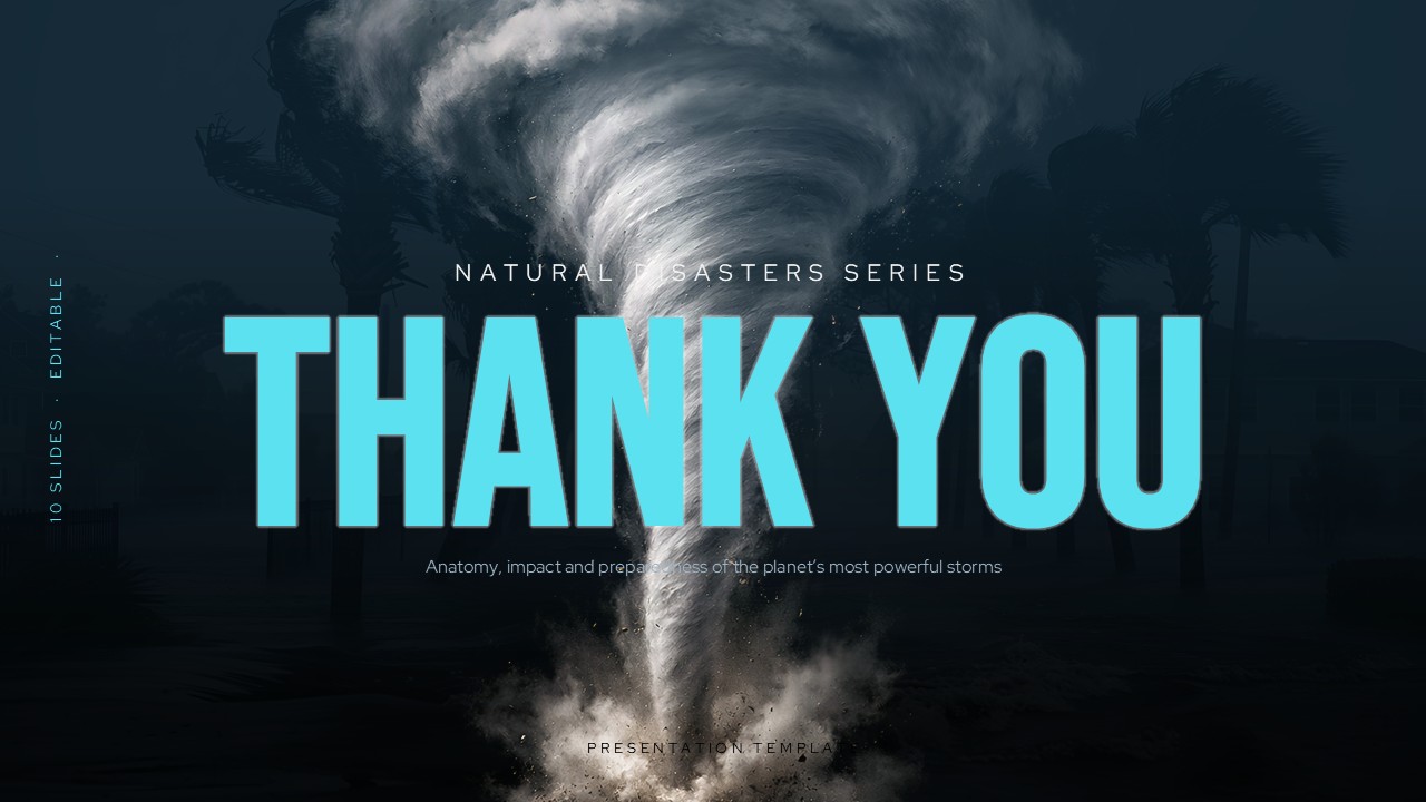 Hurricanes Template - closing thank you slide with tornado photo, cyan 'THANK YOU' headline mirroring the cover design