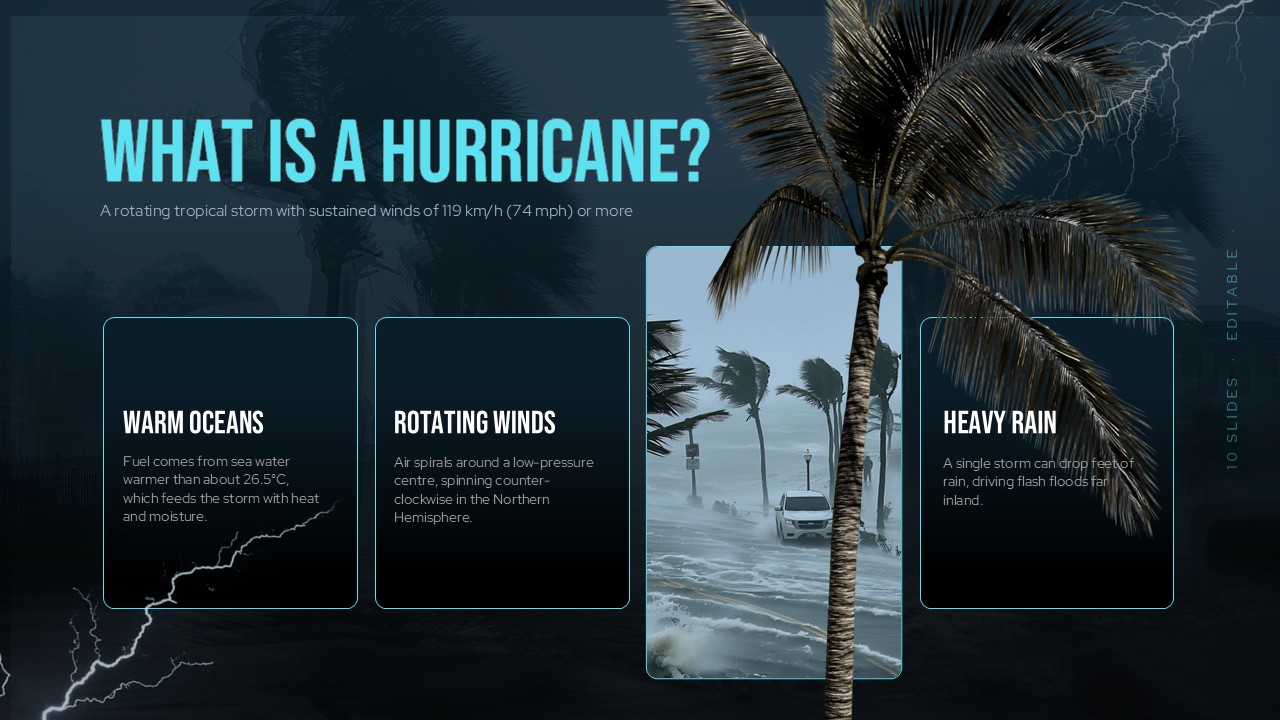 Hurricanes Template - 'What Is a Hurricane?' slide with three dark cards: Warm Oceans, Rotating Winds, Heavy Rain