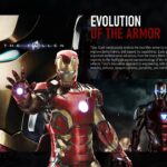 Iron Man Armor Evolution Template - Warm gold cinematic layout tracing Mark I to Mark L suit progression