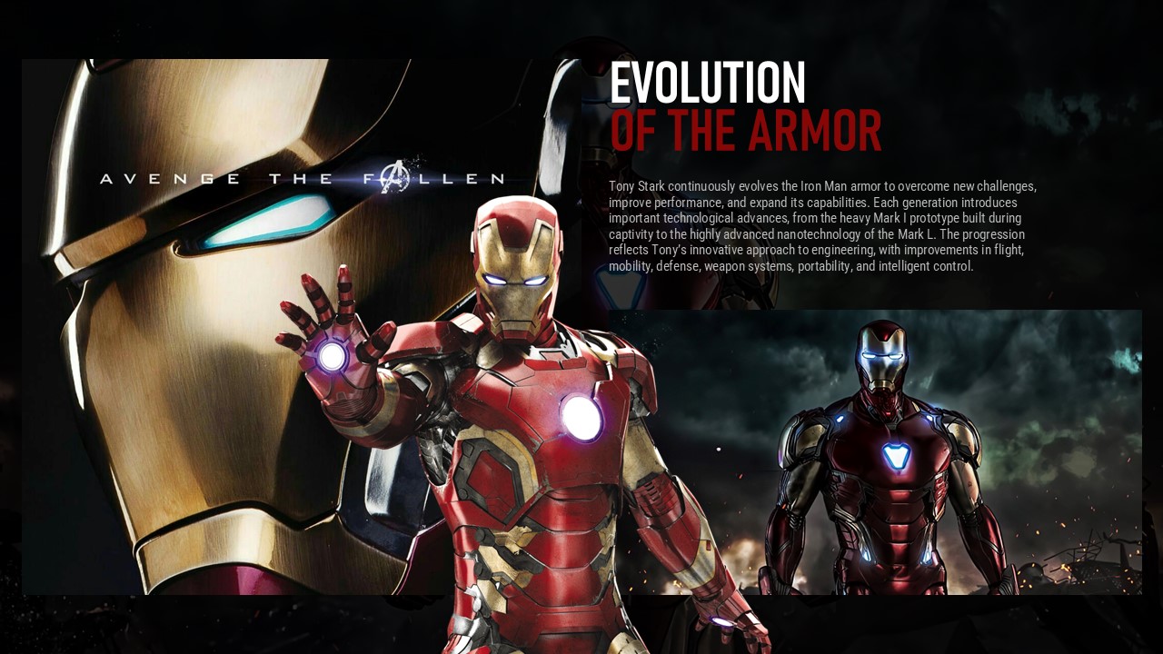 Iron Man Armor Evolution Template - Warm gold cinematic layout tracing Mark I to Mark L suit progression