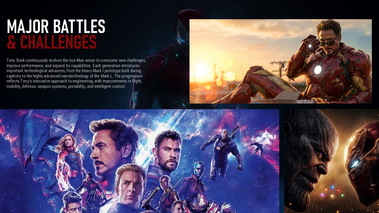Iron Man Battles Challenges Template - Multi-image conflict mosaic with dark editorial layout and red accent subtitle