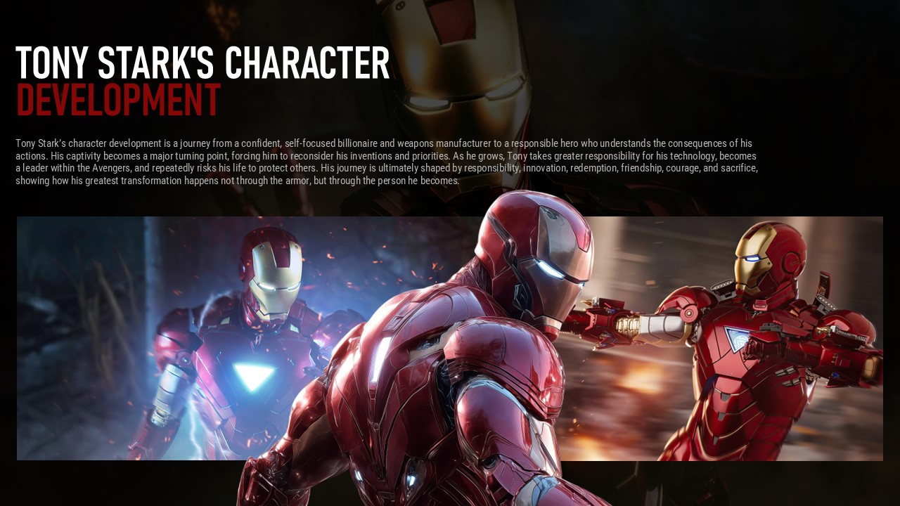 Iron Man Character Development Template - Text-rich growth narrative with three-suit cinematic banner footer